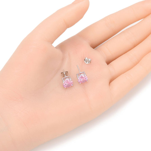 1 Pair 925 Sterling Silver October Birthstone Round Cut Stud Earrings, 8mm/2 Carat Cubic Zirconia CZ Pink Tourmaline Stone, SSE49-10