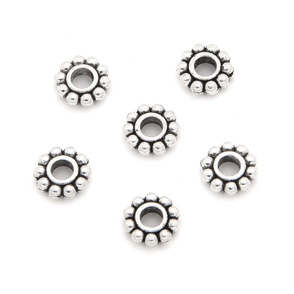 200pcs Small Flat Rondelle Flower Beads Antique Silver, 6.4mm, Hole 2.5mm, MC-S2