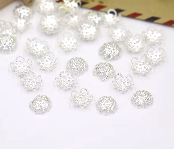 50pcs Tarnish Resistant Flower Filigree 10mm Bead Caps Sterling Silver Plated Brass Bead End Cap, BF47-1