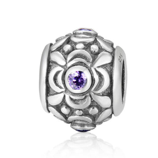 1pc 925 Sterling Silver Round Flower Pattern February Birthstone Bead Charm, Purple Amethyst Cubic Zirconia CZ, 11.2x9.5mm, Hole ID 4.5mm, EC1-G2