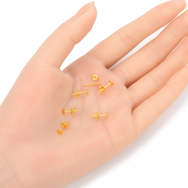 4 Pairs 925 Sterling Silver Earring Posts, 18K Yellow Gold Plated, Glue On Flat Board, 0.7mm/21 Gauge Pin, 8pcs Earring Backs, Flat Board Selections: 3/4/6/8mm
