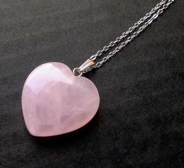 1pc You Are My Only Love Necklace, Natural Pink Rose Quartz Gemstone Large Heart Pendant, 18 Inch Surgical Stainless Steel Chain, GGP8-5