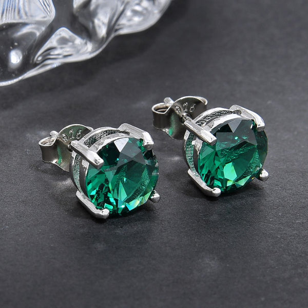 1 Pair 925 Sterling Silver May Birthstone Round Cut Stud Earrings, 6mm/0.84 Carat Cubic Zirconia CZ Green Emerald Stone, SSE48-5