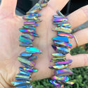 1 Strand Natural Raw Crystal Quartz Gemstone Beads, Small Drilled Stone Points, Rainbow AB Titanium Coated Stone Stick, 15 Inch, GA5