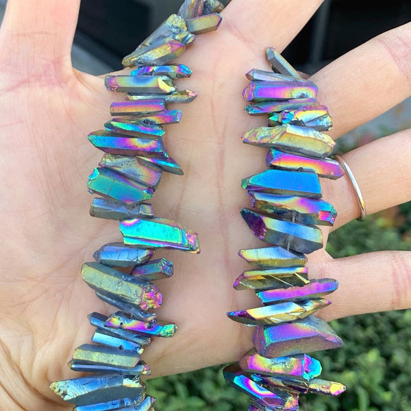 1 Strand Natural Raw Crystal Quartz Gemstone Beads, Small Drilled Stone Points, Rainbow AB Titanium Coated Stone Stick, 15 Inch, GA5
