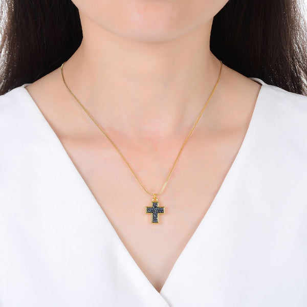 1pc Natural Druzy Crystal Pendant Necklace, Hematite Black Cross Small Gemstone Pendant, 18 inch Gold Plated Stainless Steel Chain, GGP20-4