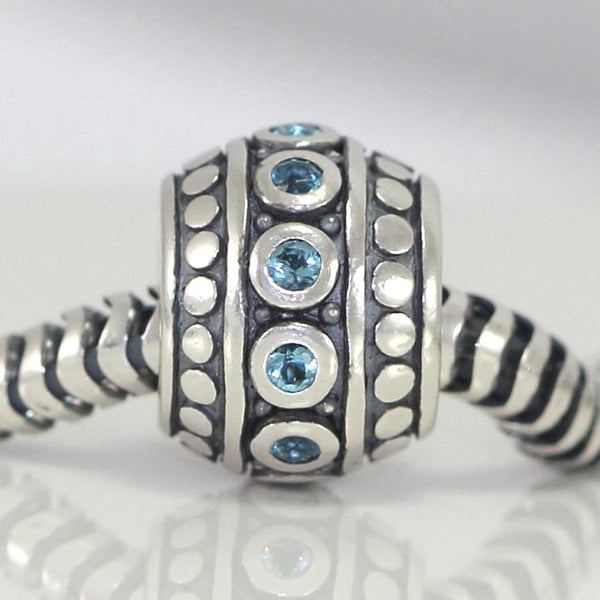 1pc 925 Sterling Silver Round March Birthstone Bead Charm, Blue Aquamarine Cubic Zirconia CZ, 10x8mm, Hole ID 4.5mm, EC1-F3