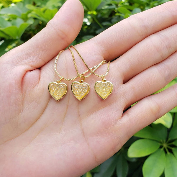 1pc Natural Druzy Crystal Pendant Necklace, Golden Champagne Love Heart Small Gemstone Pendant, 18 inch Gold Plated Stainless Steel Chain, GGP30-2