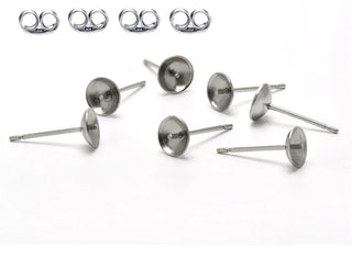 100pcs 304 Surgical Stainless Steel Stud Findings Glue-In Cup Earring Posts with Earnut Backs – (4mm/6mm/8mm)