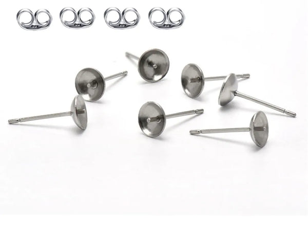 100pcs 304 Surgical Stainless Steel Stud Findings Glue-In Cup Earring Posts with Earnut Backs – (4mm/6mm/8mm)