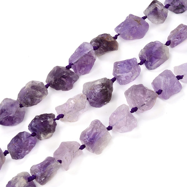Natural Raw Light Purple Amethyst Crystal Gemstone Beads, Large Drilled Rough Nugget Stone, 15 Inch GA-C2