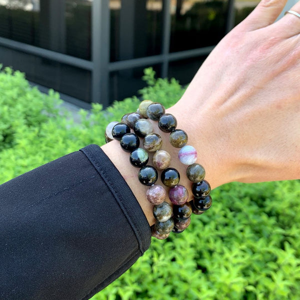 1 Strand Stretch Natural Multi-color Tourmaline Beaded Gemstone Bracelet, 10mm Bead, Length Selections: 7 inch/7.5 inch/8 inch/8.5 inch