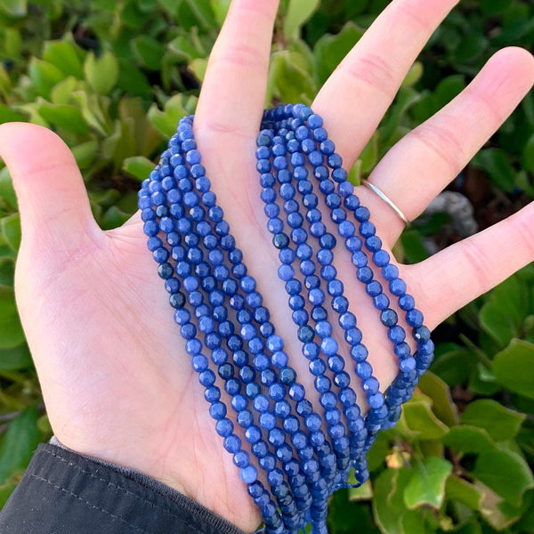Natural Dark Sapphire Blue Jade Gemstone Faceted Round Beads, 4mm/Small, Hole ID 0.9mm, 2 Strands/28 Inch Total, GH-B9