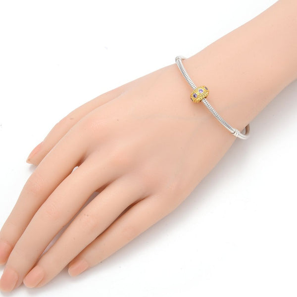 1pc Real Gold Plated 925 Sterling Silver February Birthstone Bead Charm, Purple Amethyst Cubic Zirconia CZ, 11x6.8mm, Hole ID 4.5mm, EC1-B2