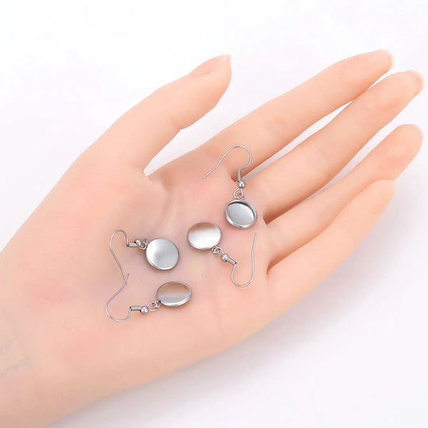 50pcs 316 Surgical Stainless Steel Fish Hook Earring Wires with 8mm Bezel Tray Settings (8mm/10mm/12mm)