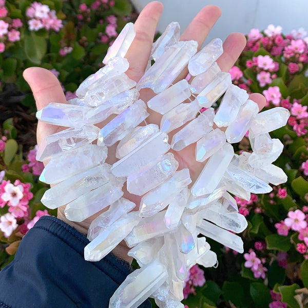 1 Strand Natural Raw Crystal Quartz Gemstone Beads, Large Drilled Stone Points, Clear AB Titanium Coated Gem Stick, 15 Inch, GA-E2