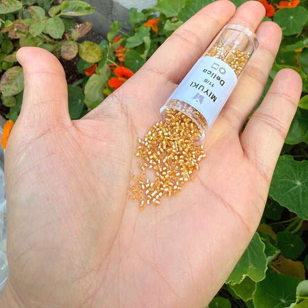 7.5g Miyuki Delica 11/0 Seed Beads, Transparent Silver-Lined Gold DB42