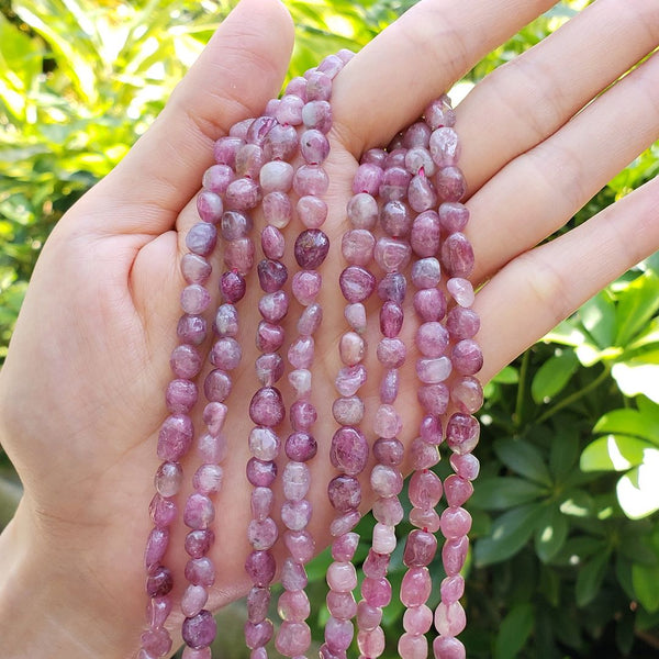 Natural Pink Tourmaline Gemstone Oval Tumbled Pebble Beads, Irregular, 6mm to 8mm, Hole ID 1mm, 15 Inch/1 Strand, GZ11-32