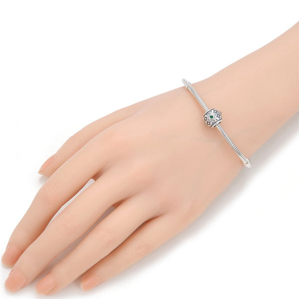 1pc 925 Sterling Silver Round Flower Pattern May Birthstone Bead Charm, Green Emerald Cubic Zirconia CZ, 11.2x9.5mm, Hole ID 4.5mm, EC1-G5