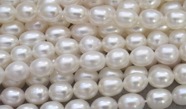 14 Inch Natural AA+ Grade High Luster Teardrop Oval Rice Pearl Beads, White Cultured Freshwater Pearls, 7-8mm, Hole ID 0.8mm, PB3-78