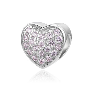 1pc 925 Sterling Silver Love Heart October Birthstone Bead Charm, Pink Tourmaline Cubic Zirconia CZ, 10mm, Hole ID 4.5mm, EC1-L10