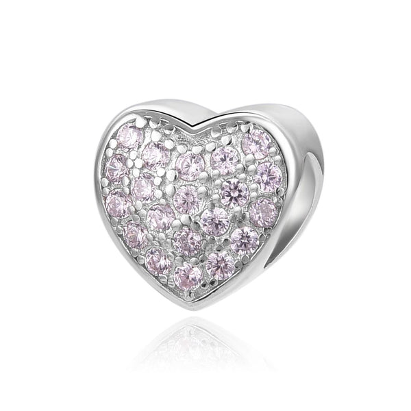 1pc 925 Sterling Silver Love Heart October Birthstone Bead Charm, Pink Tourmaline Cubic Zirconia CZ, 10mm, Hole ID 4.5mm, EC1-L10
