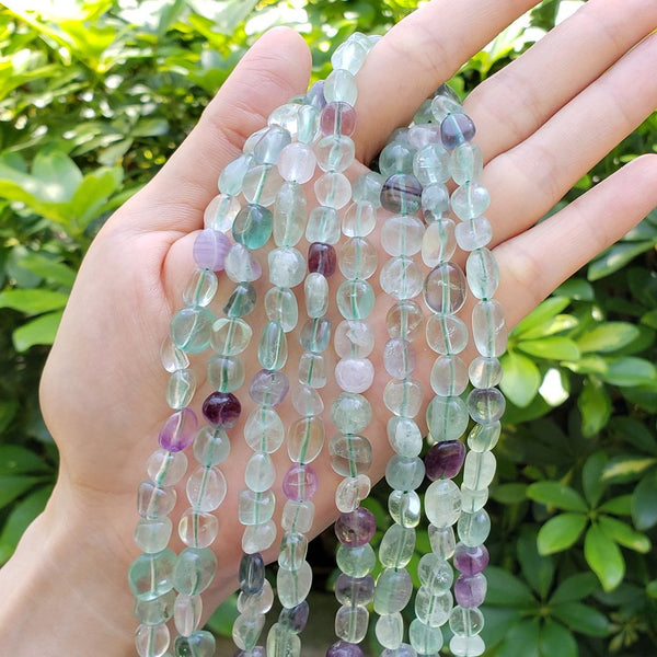 Natural Multi-color Fluorite Gemstone Oval Tumbled Pebble Beads, Irregular, 6mm to 8mm, Hole ID 1mm, 15 Inch/1 Strand, GZ11-42