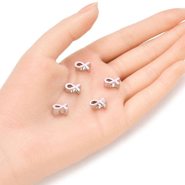 20pcs Pink Enamel Ribbon Symbol of Awareness Large Hole Beads, Hole ID 4.5mm, Antique Silver, Zinc Alloy Metal, MEC-C14