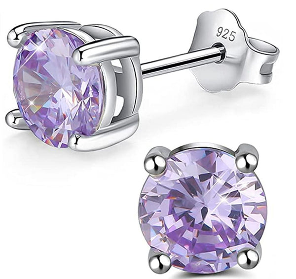 1 Pair 925 Sterling Silver June Birthstone Round Cut Stud Earrings, 6mm/0.84 Carat Cubic Zirconia CZ Created Alexandrite Stone, SSE48-6