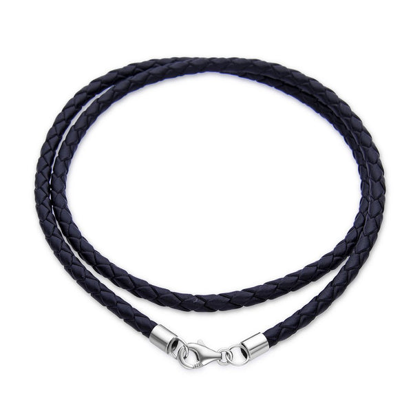 1pc Braided Black Leather Cord Necklace, Sterling Silver Clasp, 3mm Diameter, Length Selections: 16 inch/18 inch
