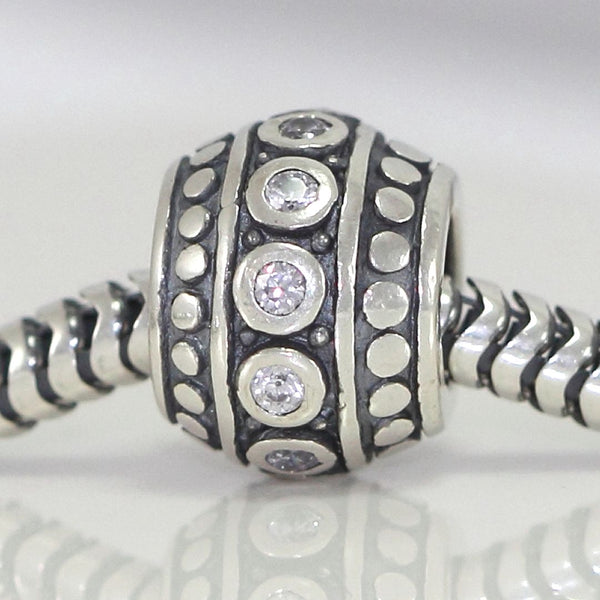 1pc 925 Sterling Silver Round April Birthstone Bead Charm, Diamond Clear Cubic Zirconia CZ, 10x8mm, Hole ID 4.5mm, EC1-F4