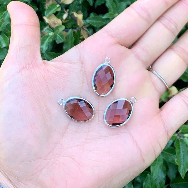 10pcs Grade A February Amethyst Purple Oval Birthstone Charm Drops, Sterling Silver Plated Brass, 18x13mm, CCP6-S2