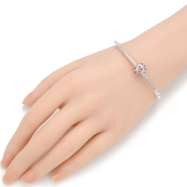 1pc 925 Sterling Silver Round Heart Pattern January Birthstone Bead Charm, Siam Red Garnet Cubic Zirconia CZ, 11x9mm, Hole ID 4.5mm, EC1-H1