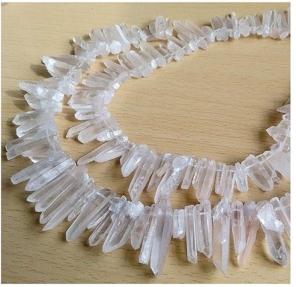 1 Strand Natural Raw Clear Crystal White Quartz Gemstone Bead Sticks, Small Drilled Stone Points, 15 Inch, GA1