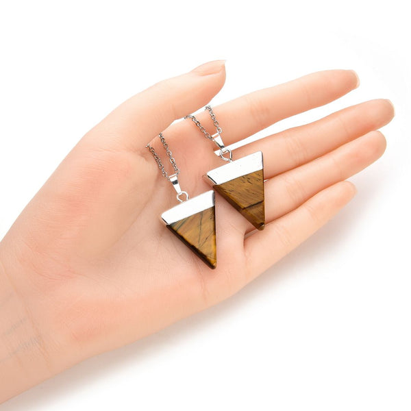 1pc Natural Brown Yellow Tiger Eye Triangle Gemstone Pendant Necklace, 18 Inch Surgical Stainless Steel Chain, GGP-A8