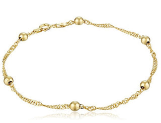 1pc 925 Sterling Silver 3mm Bead Station Singapore Chain Bracelet, Real 18K Yellow Gold Plated, Length Selections: 6.5 inch/7 inch/7.5 inch/8 inch