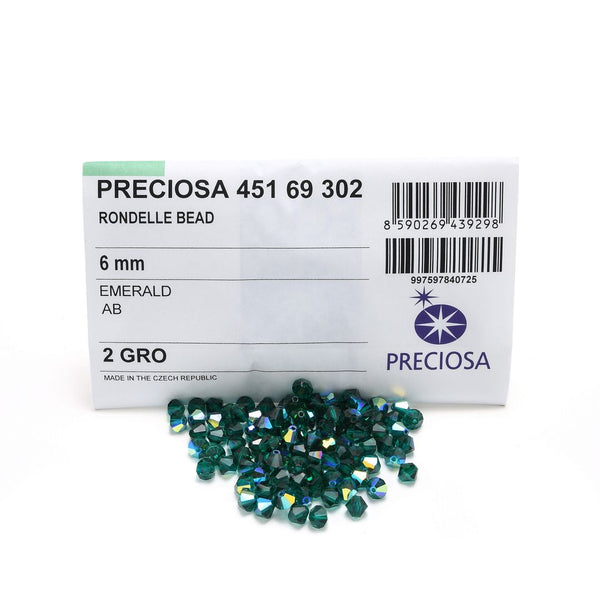 50pcs Preciosa Faceted Bicone Crystal Beads, Emerald AB (Green), 6mm, Hole ID 1mm, Pre-B663