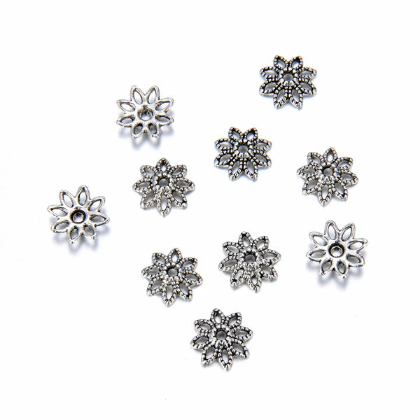 200pcs Textured Filigree Flower Bead Caps, 10mm Bead End Caps, Antique Silver, MC-AB9