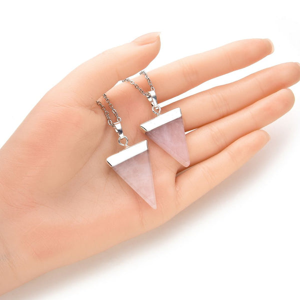 1pc Natural Pink Rose Quartz Triangle Gemstone Pendant Necklace, 18 Inch Surgical Stainless Steel Chain, GGP-A4