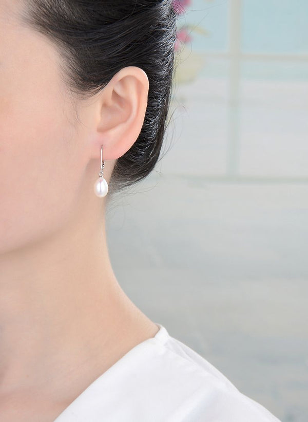 1 Pair 925 Sterling Silver Dangle Baroque Pearl Earrings, AAAA Grade Super High Luster Freshwater Cultured 10x8mm Teardrop Pearls, PE4-3