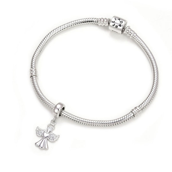 1pc Real 925 Sterling Silver Winged Angel Religious Cubic Zirconia CZ Charm Pendant, Compatible with Pandora All Other Charm Bracelet, EC7-D3