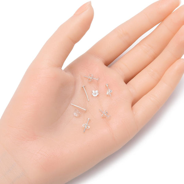 4 Pairs 925 Sterling Silver Earring Posts, Glue On Flat Board, 0.7mm/21 Gauge Pin, 8pcs Earring Backs, Flat Board Selections: 3mm/4mm/6mm/8mm