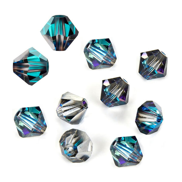 100pcs Preciosa Faceted Bicone Crystal Beads, Crystal Bermuda Blue (Silver & Blue Metallic), 4mm, Hole ID 0.9mm, Pre-B456