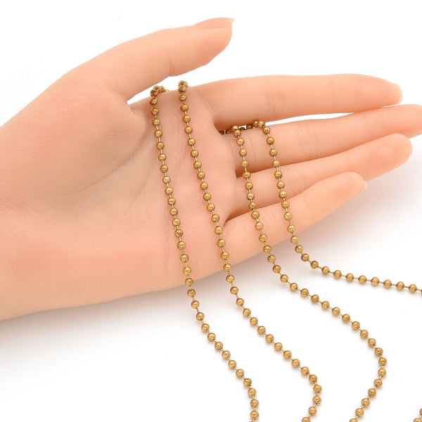 33 Feet Beaded Round Ball Chain Link, Raw Brass Uncoated/Unplated, 3mm, CK10-H3