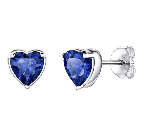 1 Pair 925 Sterling Silver September Love Heart Birthstone Stud Earrings, 6mm/0.84 Carat Cubic Zirconia CZ Blue Sapphire Stone, SSE79-9