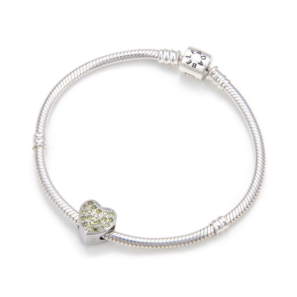 1pc 925 Sterling Silver Love Heart August Birthstone Bead Charm, Green Peridot Cubic Zirconia CZ, 10mm, Hole ID 4.5mm, EC1-L8