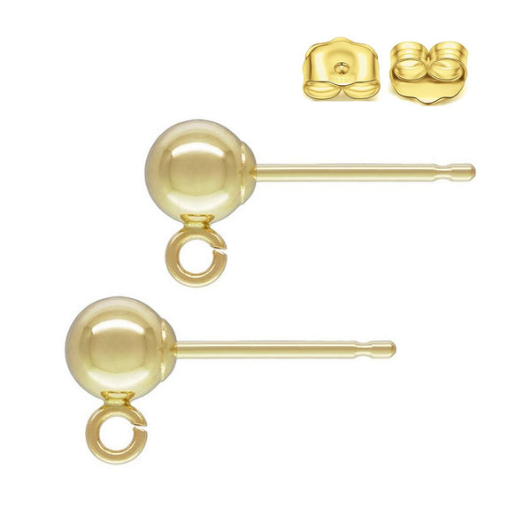 5 Pairs 925 Sterling Silver Ball Earring Posts, Real 18K Yellow Gold Plated, Open Ring, 10pcs Earring Backs, Ball Size Selections: 3mm/4mm/5mm