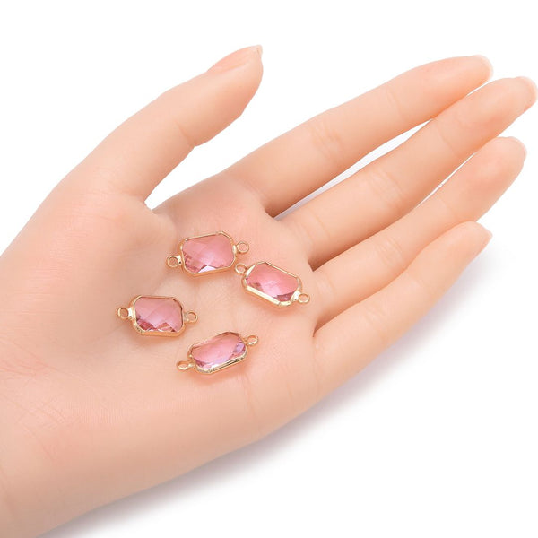 10pcs Grade A October Pink Birthstone Rectangle Radiant Cut Links, 18K Yellow Gold Plated Brass, 14mm, CCP12-G10