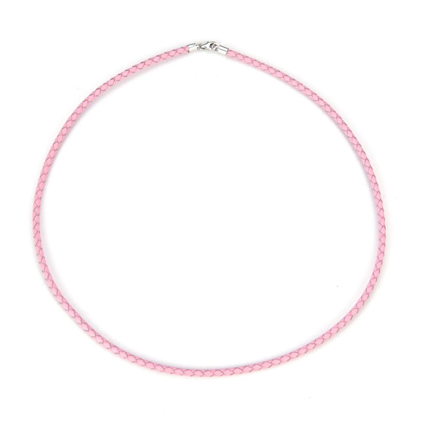 1pc Braided Pink Leather Cord Necklace, Sterling Silver Clasp, 3mm Diameter, Length Selections: 16 inch/18 inch