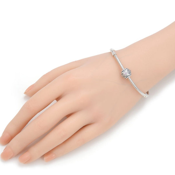 1pc 925 Sterling Silver Round Flower Pattern October Birthstone Bead Charm, Pink Tourmaline Cubic Zirconia CZ, 11.2x9.5mm, Hole ID 4.5mm, EC1-G10